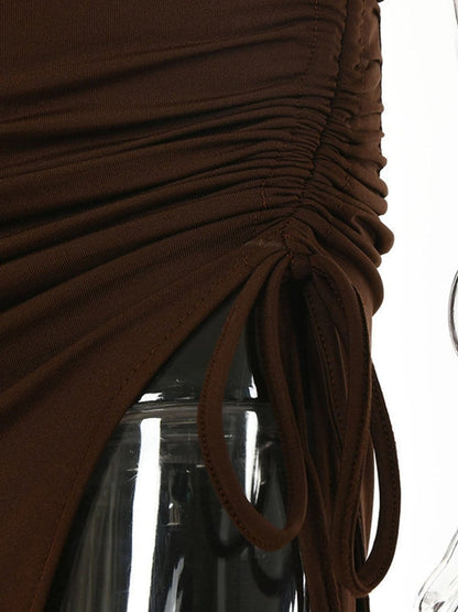 Halter Neck Cut Out Ruched Side Tie High Split Bodycon Maxi Dress