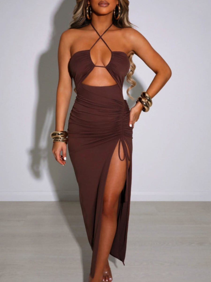 Halter Neck Cut Out Ruched Side Tie High Split Bodycon Maxi Dress