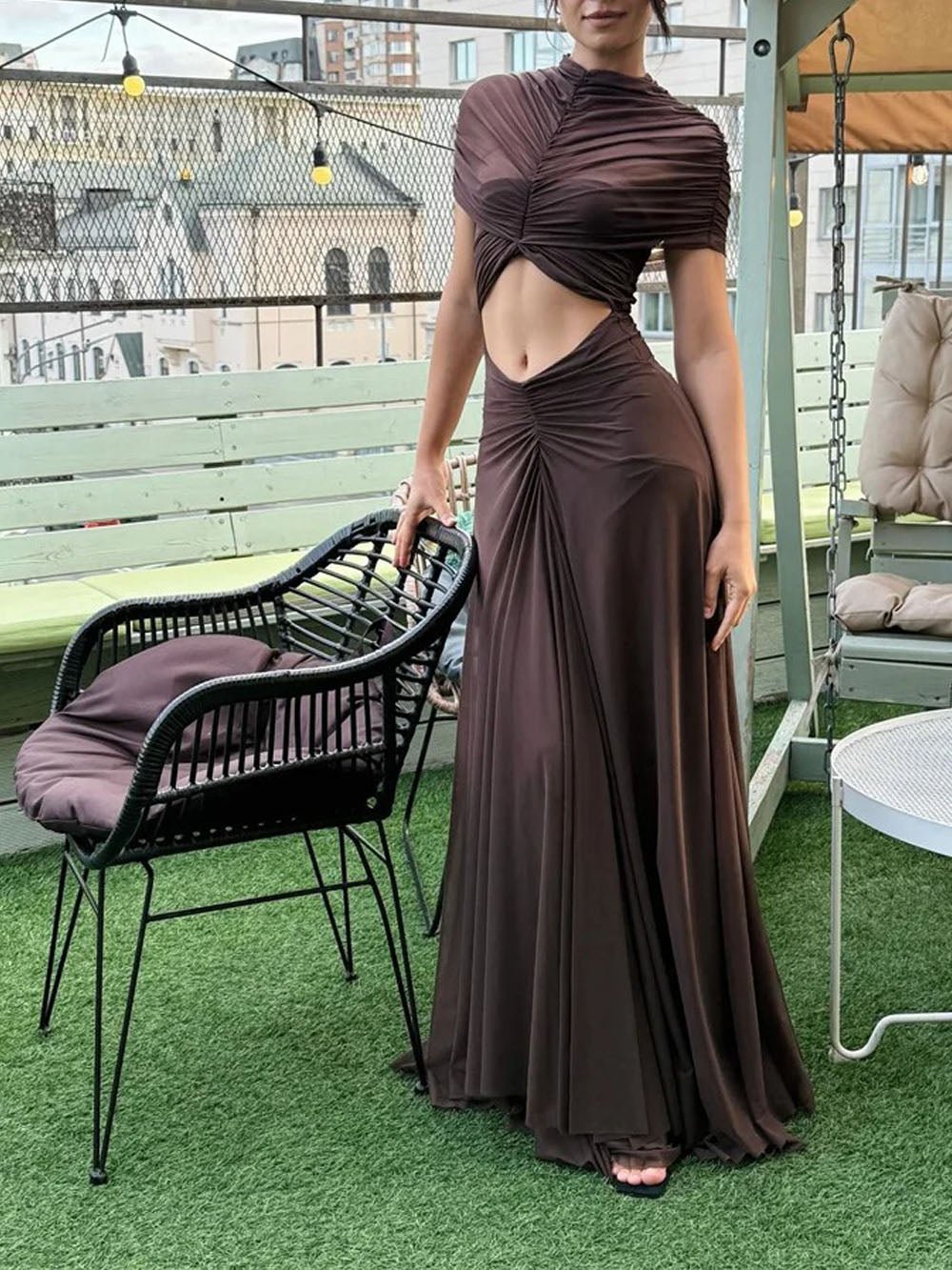 Brown Ruched Mock Neck Cap Sleeve Cut Out Maxi Dress