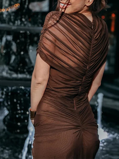 Brown Ruched Mock Neck Cap Sleeve Cut Out Maxi Dress