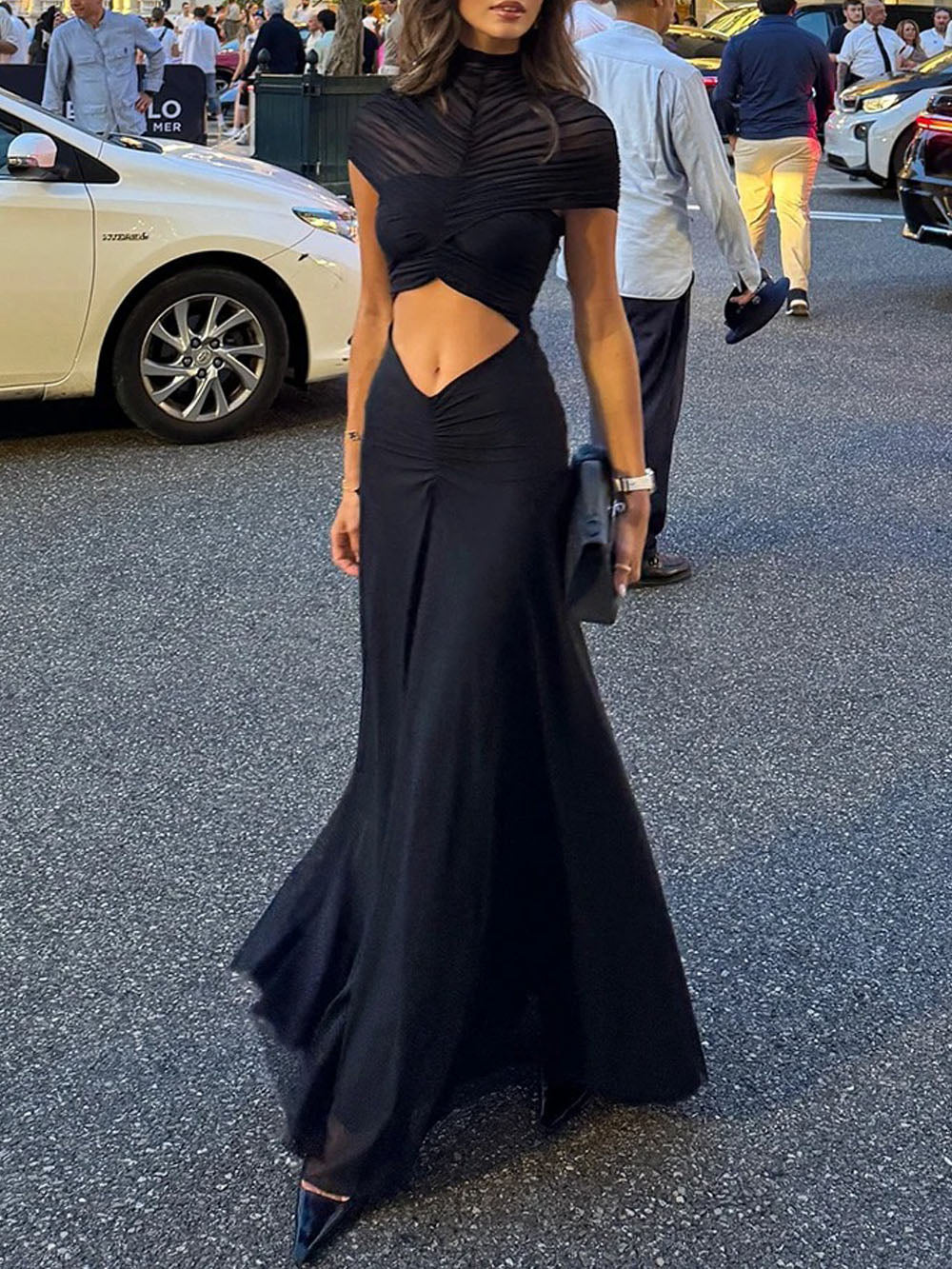 Black Ruched Mock Neck Cap Sleeve Cut Out Maxi Dress