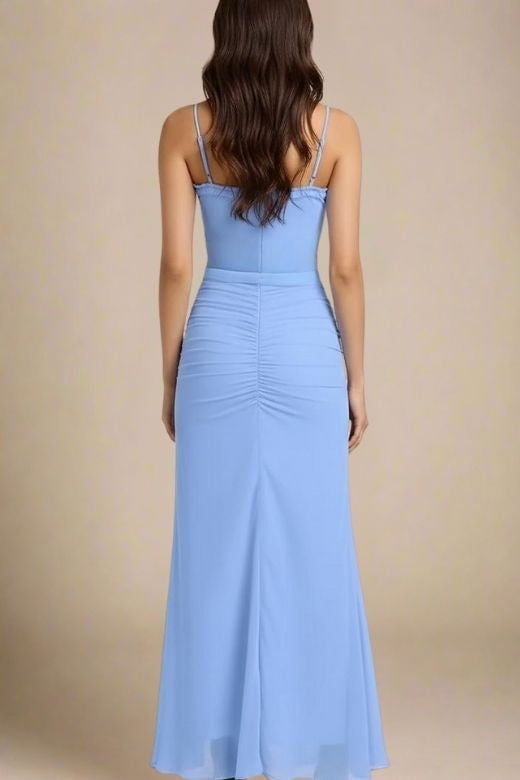 Azure Blue Ruched Spaghetti Strap Cascading Ruffle High Low Maxi Dress