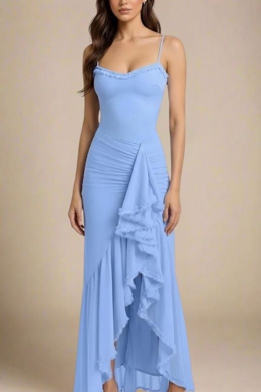 Azure Blue Ruched Spaghetti Strap Cascading Ruffle High Low Maxi Dress