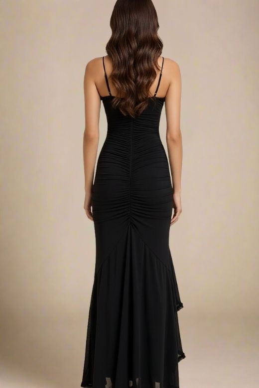 Classic Black Spaghetti Strap Sweetheart Ruched High Low Ruffle Midi Dress