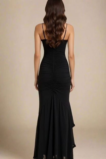Classic Black Spaghetti Strap Sweetheart Ruched High Low Ruffle Midi Dress