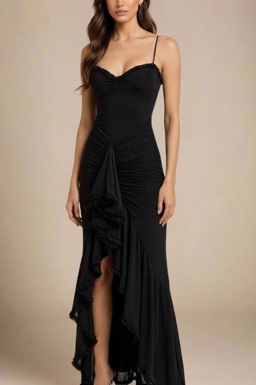 Classic Black Spaghetti Strap Sweetheart Ruched High Low Ruffle Midi Dress