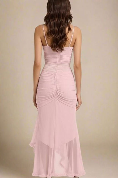 Dusty Pink Ruched Spaghetti Strap Cascading Ruffle High Low Maxi Dress