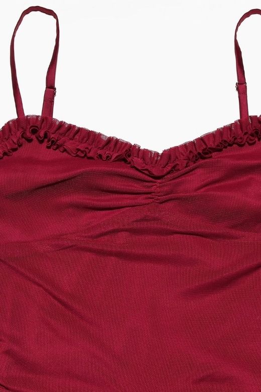 Red Wine Spaghetti Strap Sweetheart Ruched High Low Ruffle Midi Dress