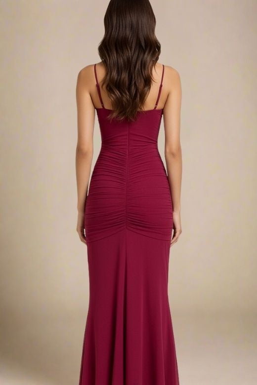 Red Wine Spaghetti Strap Sweetheart Ruched High Low Ruffle Midi Dress