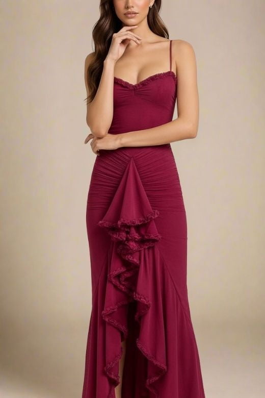 Red Wine Spaghetti Strap Sweetheart Ruched High Low Ruffle Midi Dress