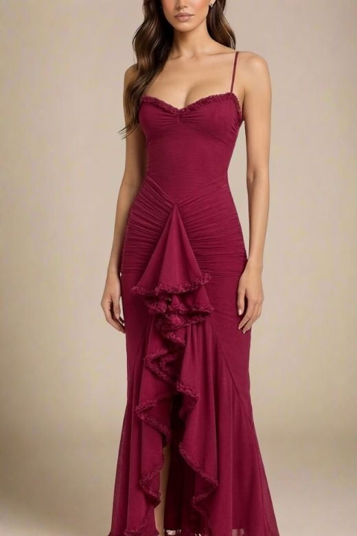 Red Wine Spaghetti Strap Sweetheart Ruched High Low Ruffle Midi Dress