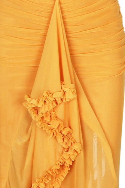 Azure Blue Ruched Spaghetti Strap Cascading Ruffle High Low Maxi Dress