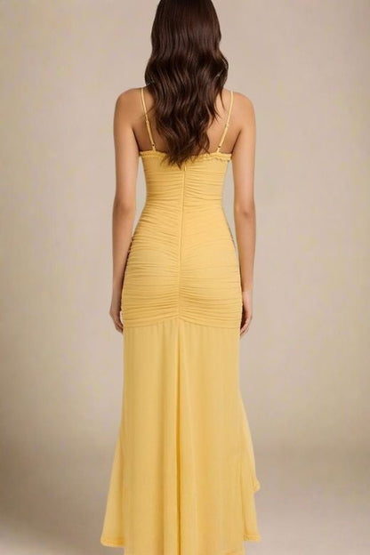 Sun Yellow Spaghetti Strap Sweetheart Ruched High Low Ruffle Midi Dress