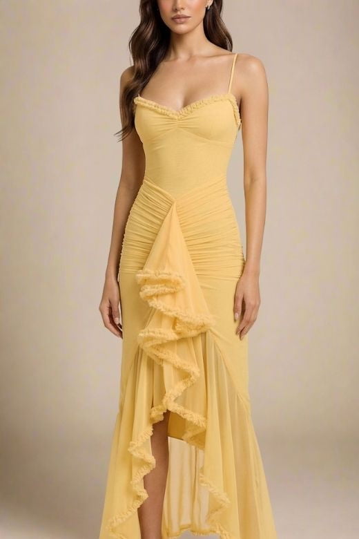 Sun Yellow Spaghetti Strap Sweetheart Ruched High Low Ruffle Midi Dress