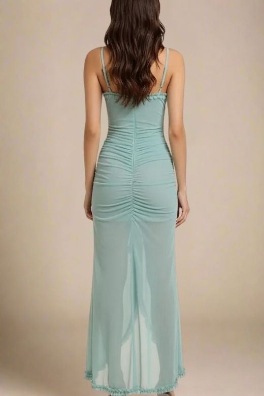 Tiffany Blue Ruched Spaghetti Strap Cascading Ruffle High Low Maxi Dress