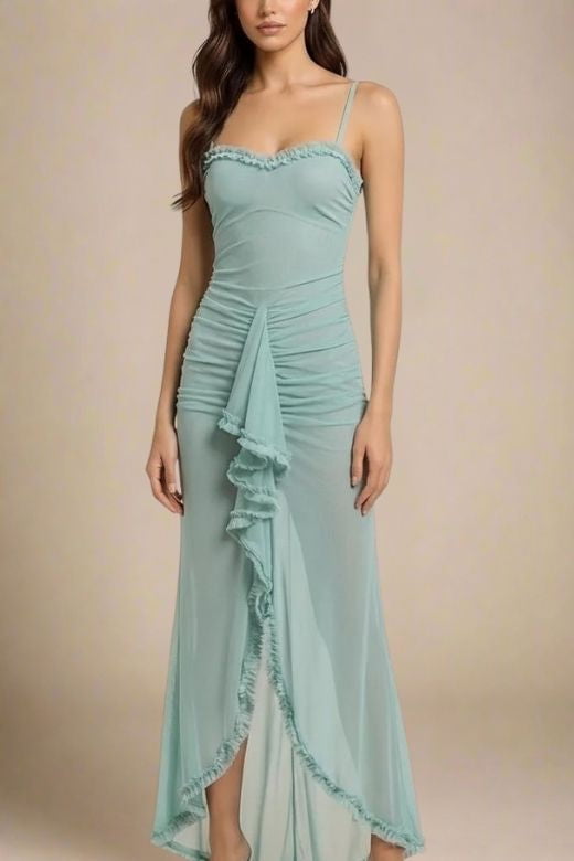 Tiffany Blue Ruched Spaghetti Strap Cascading Ruffle High Low Maxi Dress