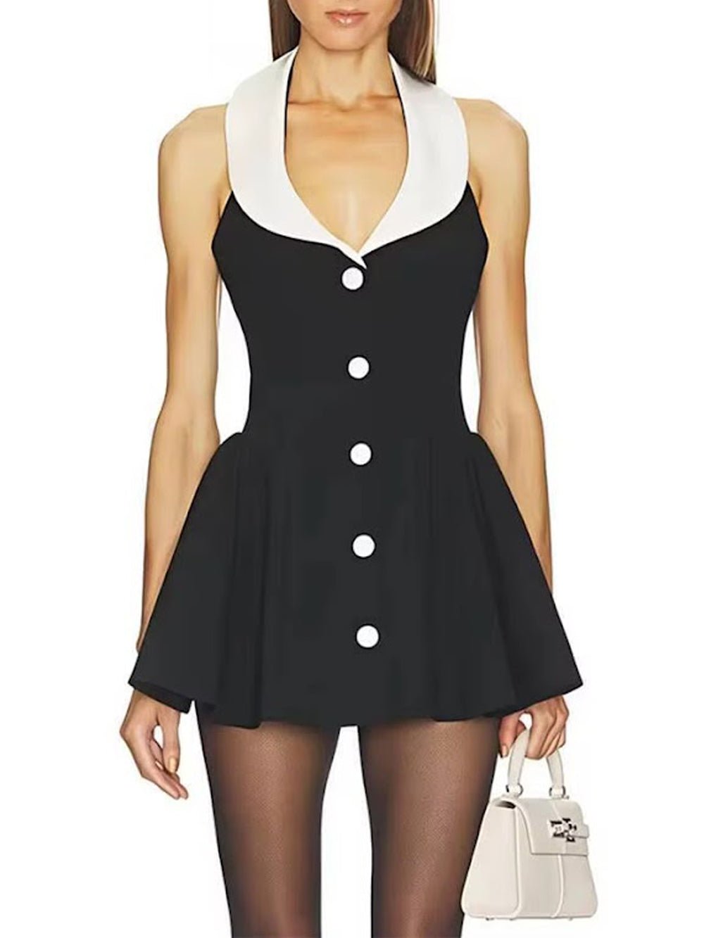 Black Halter Neck Deep V-Neck Contrast Shawl Collar Sleeveless Button Front Fit And Flare Mini Dress