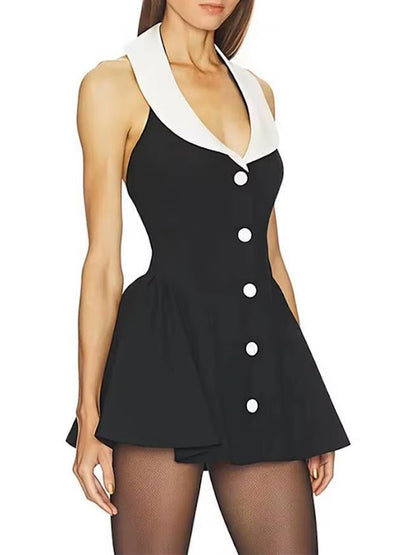 Black Halter Neck Deep V-Neck Contrast Shawl Collar Sleeveless Button Front Fit And Flare Mini Dress