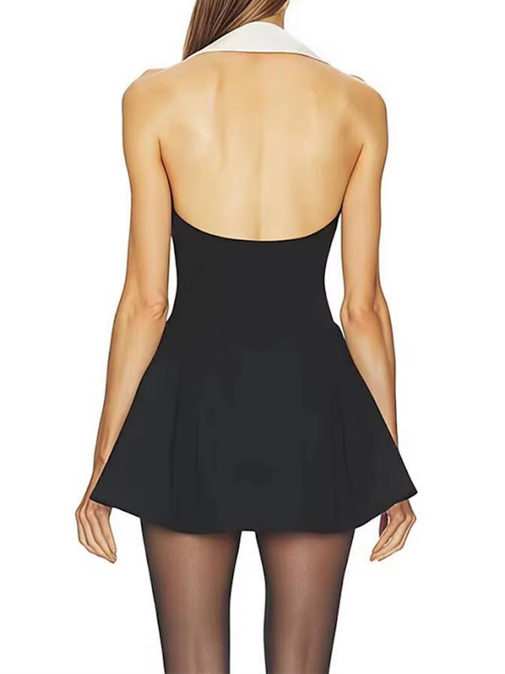 Black Halter Neck Deep V-Neck Contrast Shawl Collar Sleeveless Button Front Fit And Flare Mini Dress