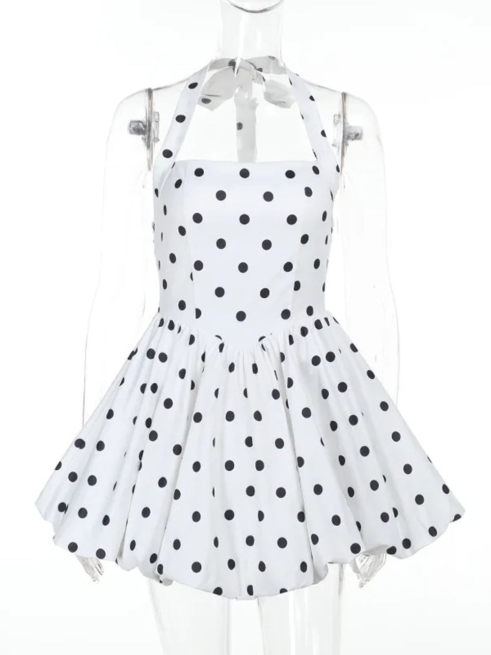 White Polka Dot Halter Neck Corset Bodice Bubble Hem Mini Dress