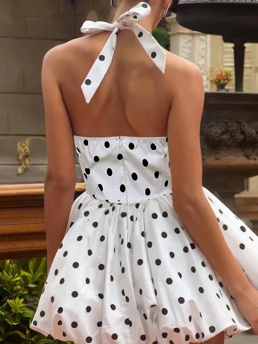 White Polka Dot Halter Neck Corset Bodice Bubble Hem Mini Dress