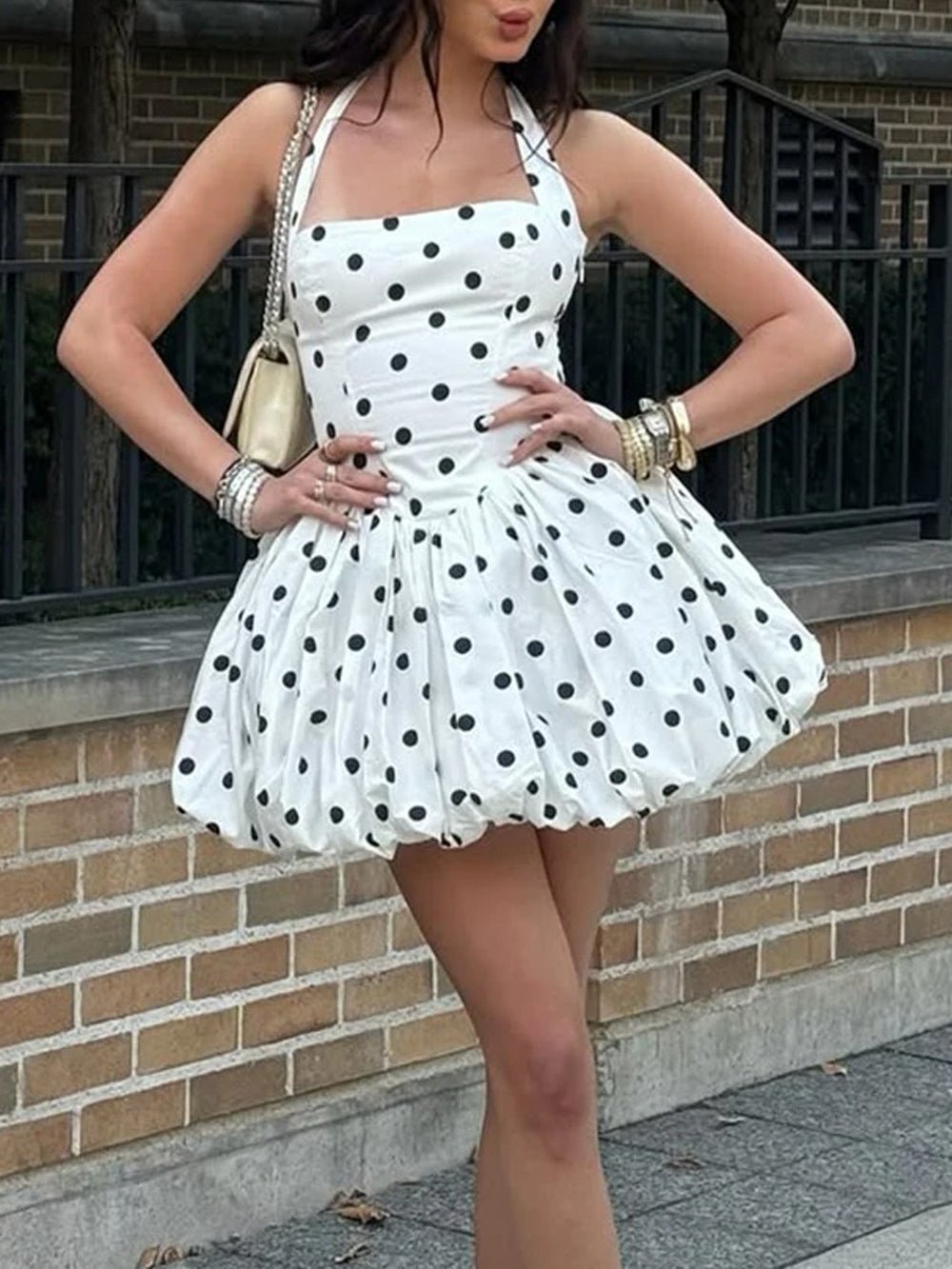 White Polka Dot Halter Neck Corset Bodice Bubble Hem Mini Dress