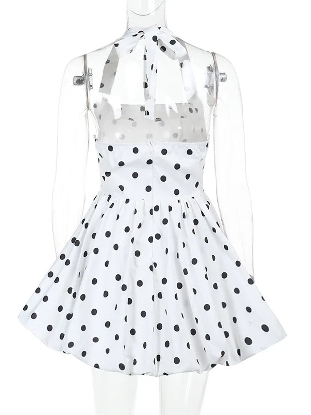 White Polka Dot Halter Neck Corset Bodice Bubble Hem Mini Dress