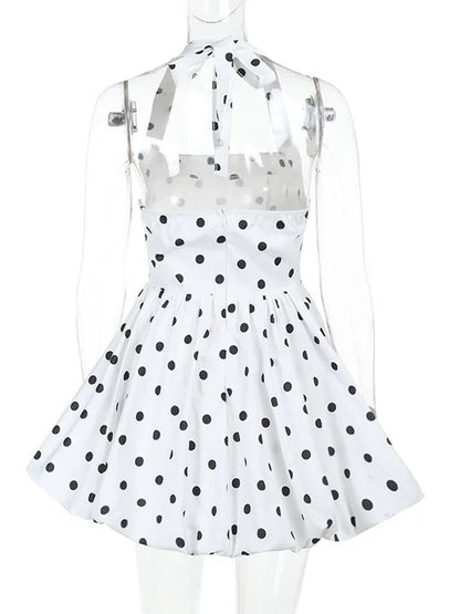 White Polka Dot Halter Neck Corset Bodice Bubble Hem Mini Dress