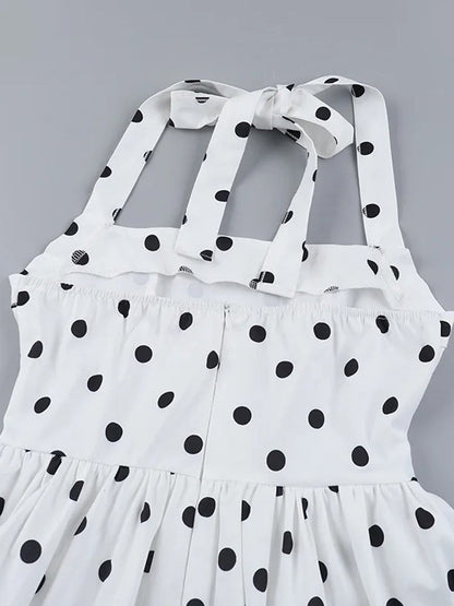 White Polka Dot Halter Neck Corset Bodice Bubble Hem Mini Dress