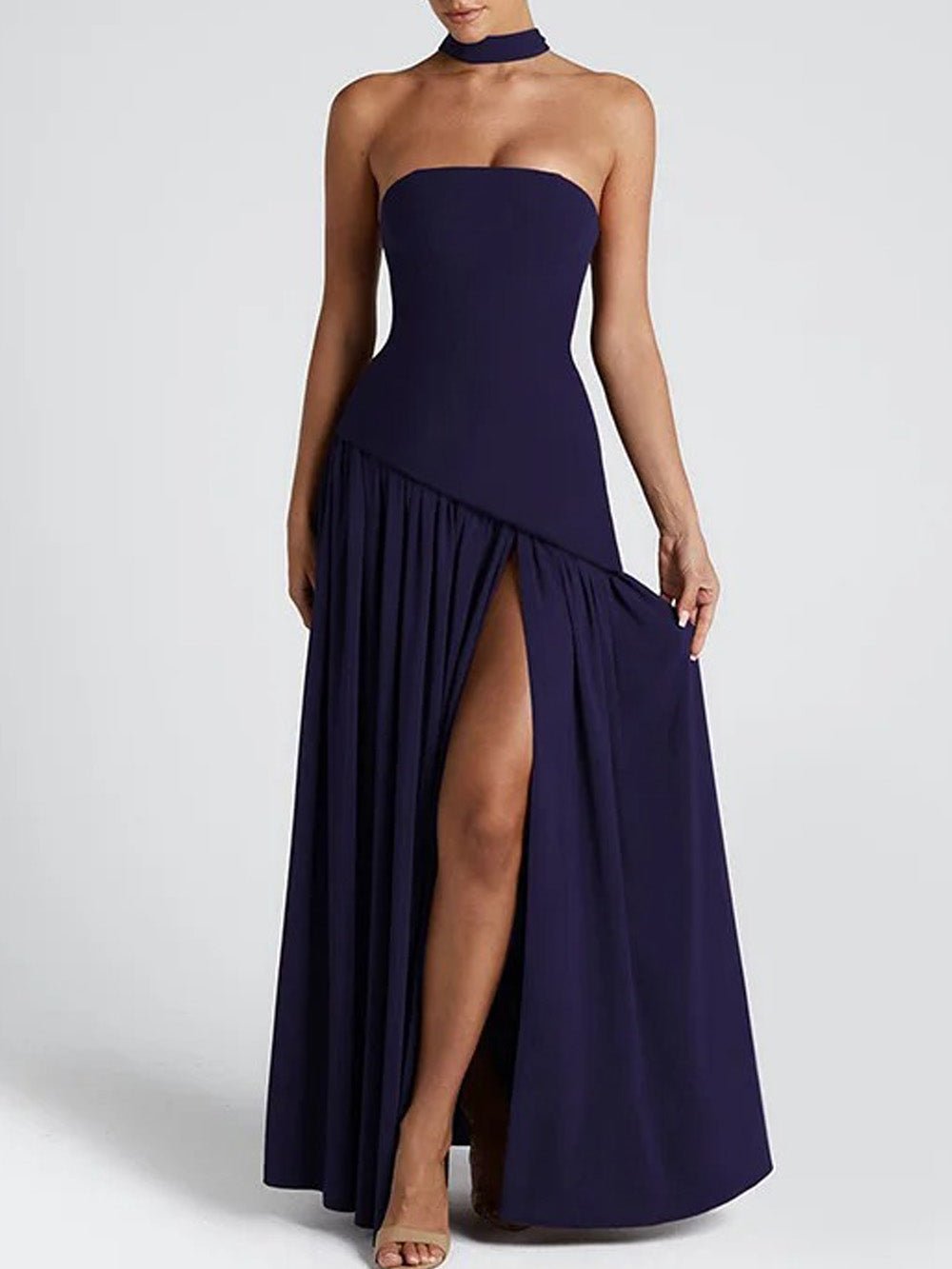 Blue Strapless Drop Waist Gathered Skirt High Split Maxi Dress