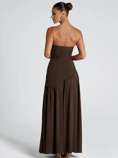 Brown Strapless Drop Waist Gathered Skirt High Split Maxi Dress