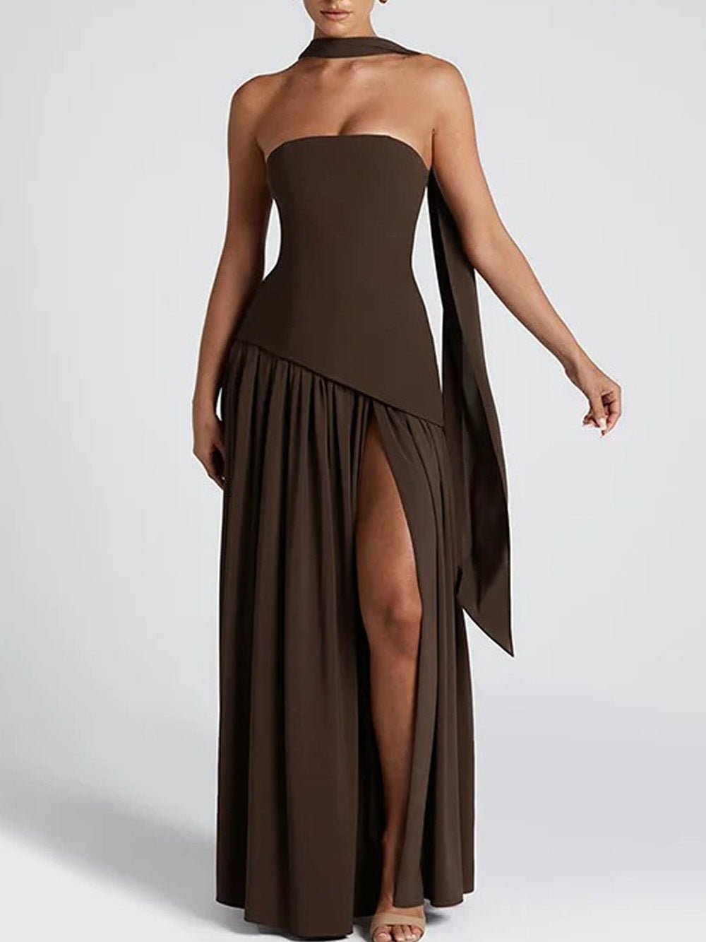 Brown Strapless Drop Waist Gathered Skirt High Split Maxi Dress