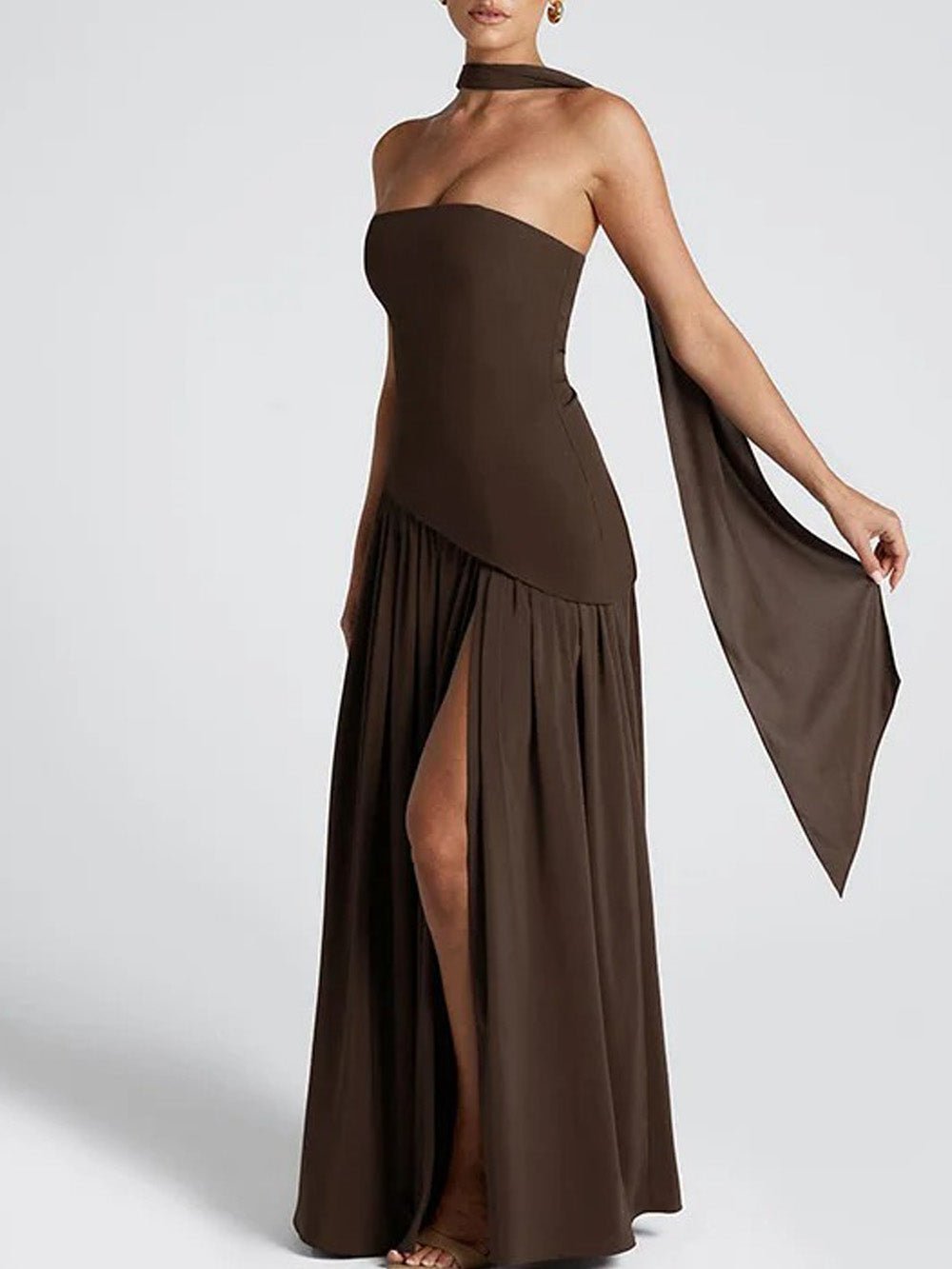 Brown Strapless Drop Waist Gathered Skirt High Split Maxi Dress