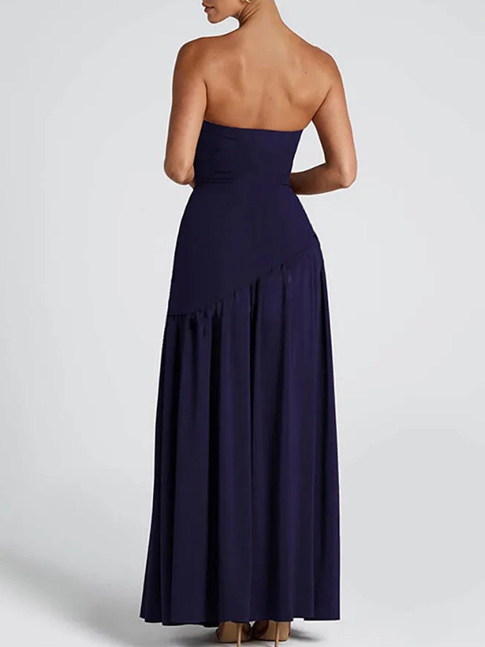 Blue Strapless Drop Waist Gathered Skirt High Split Maxi Dress