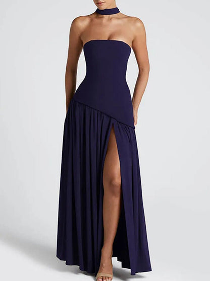 Blue Strapless Drop Waist Gathered Skirt High Split Maxi Dress