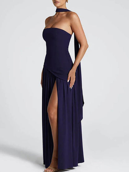 Blue Strapless Drop Waist Gathered Skirt High Split Maxi Dress