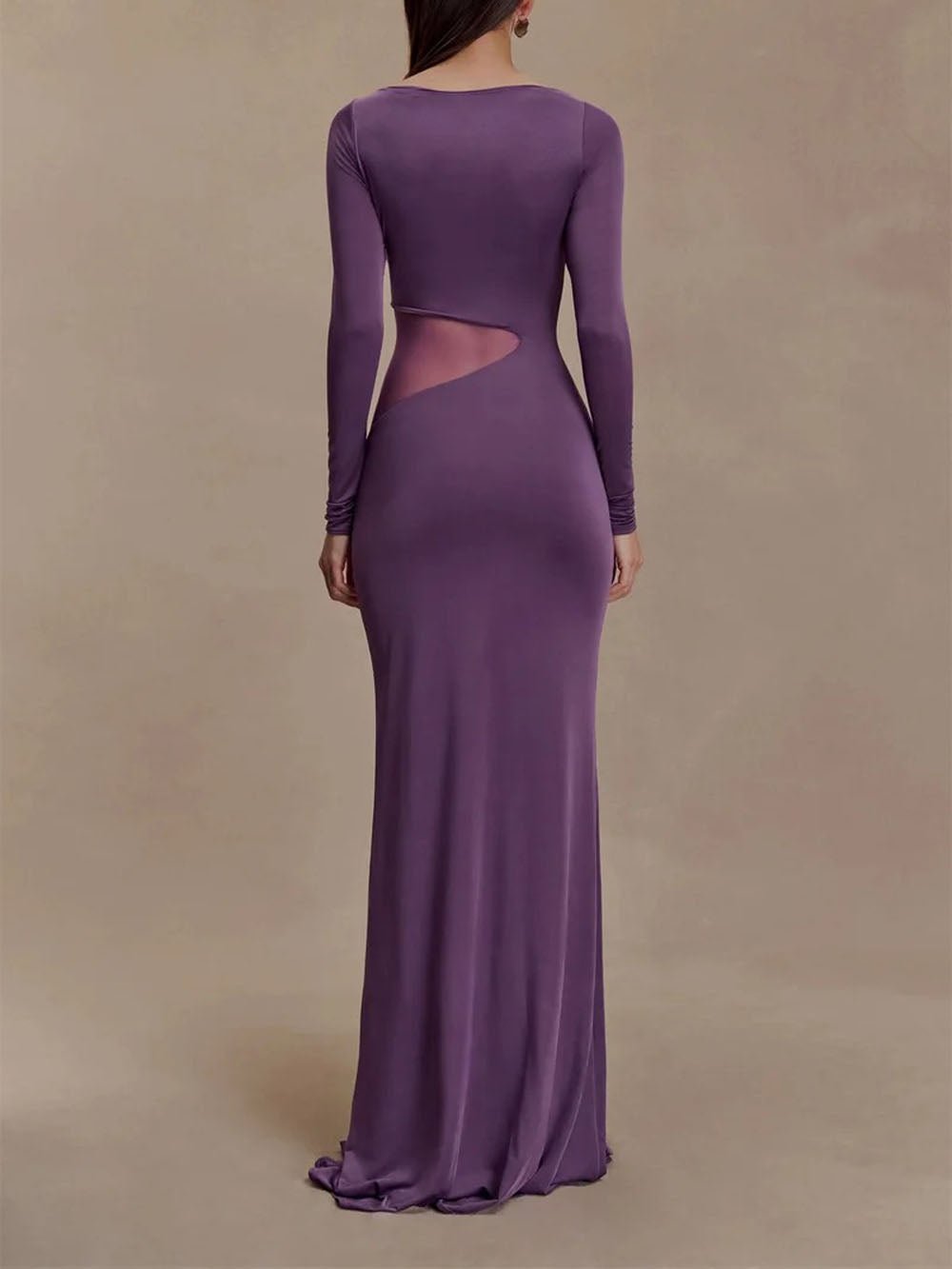 Purple Mesh Cut Out Boat Neck Long Sleeve High Split Bodycon Maxi Dress
