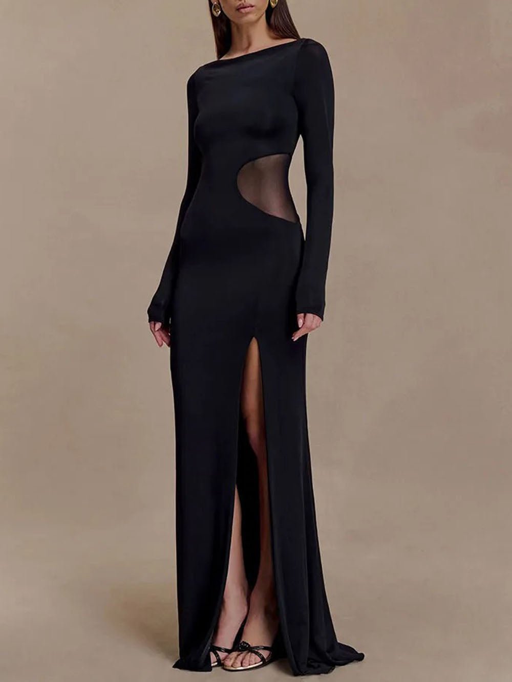 Black Mesh Cut Out Boat Neck Long Sleeve High Split Bodycon Maxi Dress