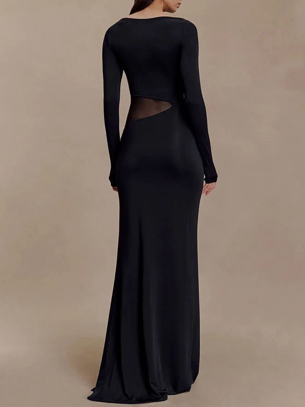Black Mesh Cut Out Boat Neck Long Sleeve High Split Bodycon Maxi Dress