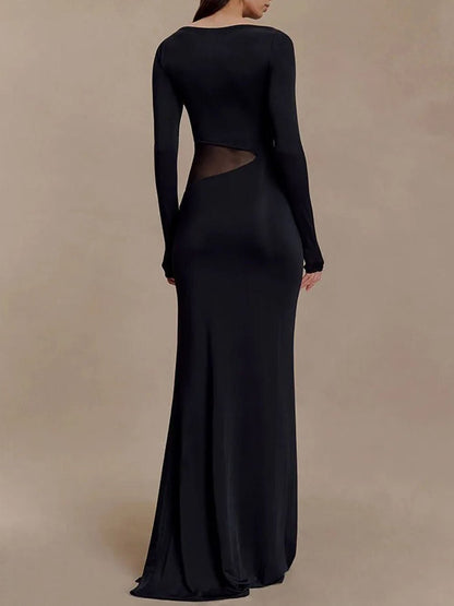 Black Mesh Cut Out Boat Neck Long Sleeve High Split Bodycon Maxi Dress