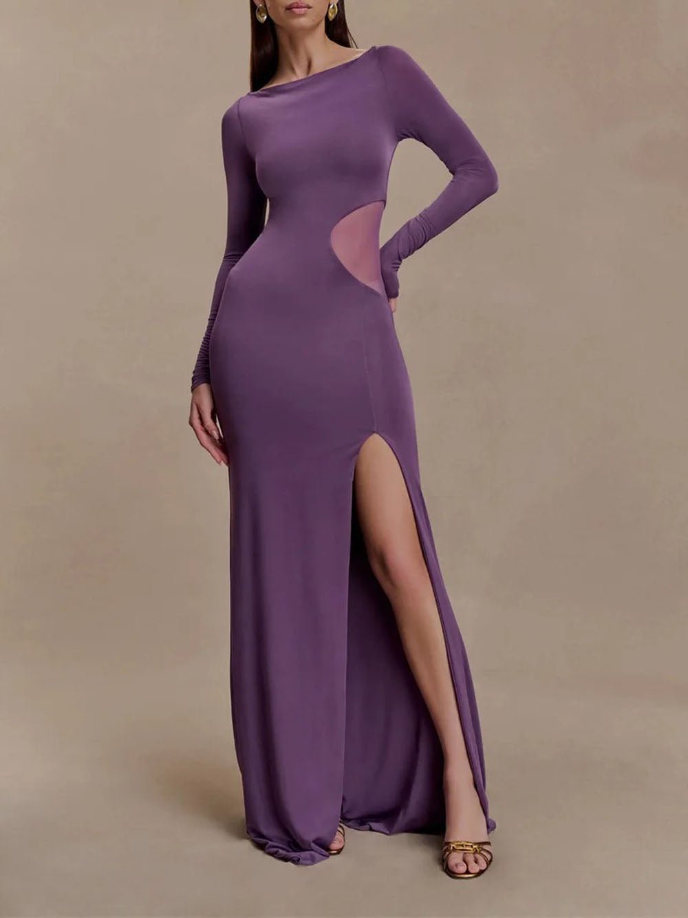 Purple Mesh Cut Out Boat Neck Long Sleeve High Split Bodycon Maxi Dress