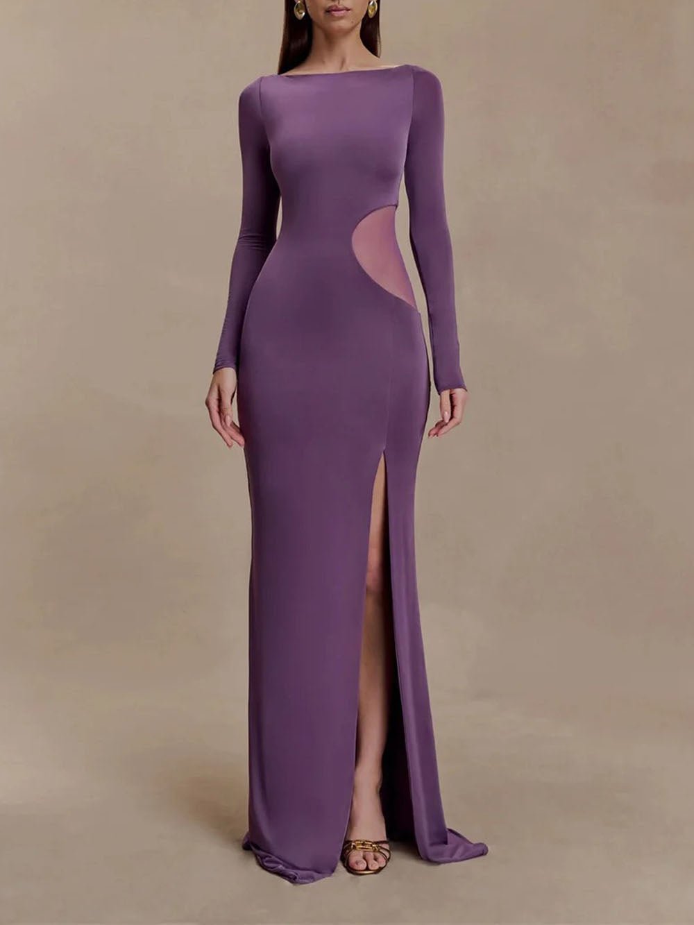 Purple Mesh Cut Out Boat Neck Long Sleeve High Split Bodycon Maxi Dress