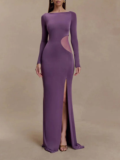 Purple Mesh Cut Out Boat Neck Long Sleeve High Split Bodycon Maxi Dress