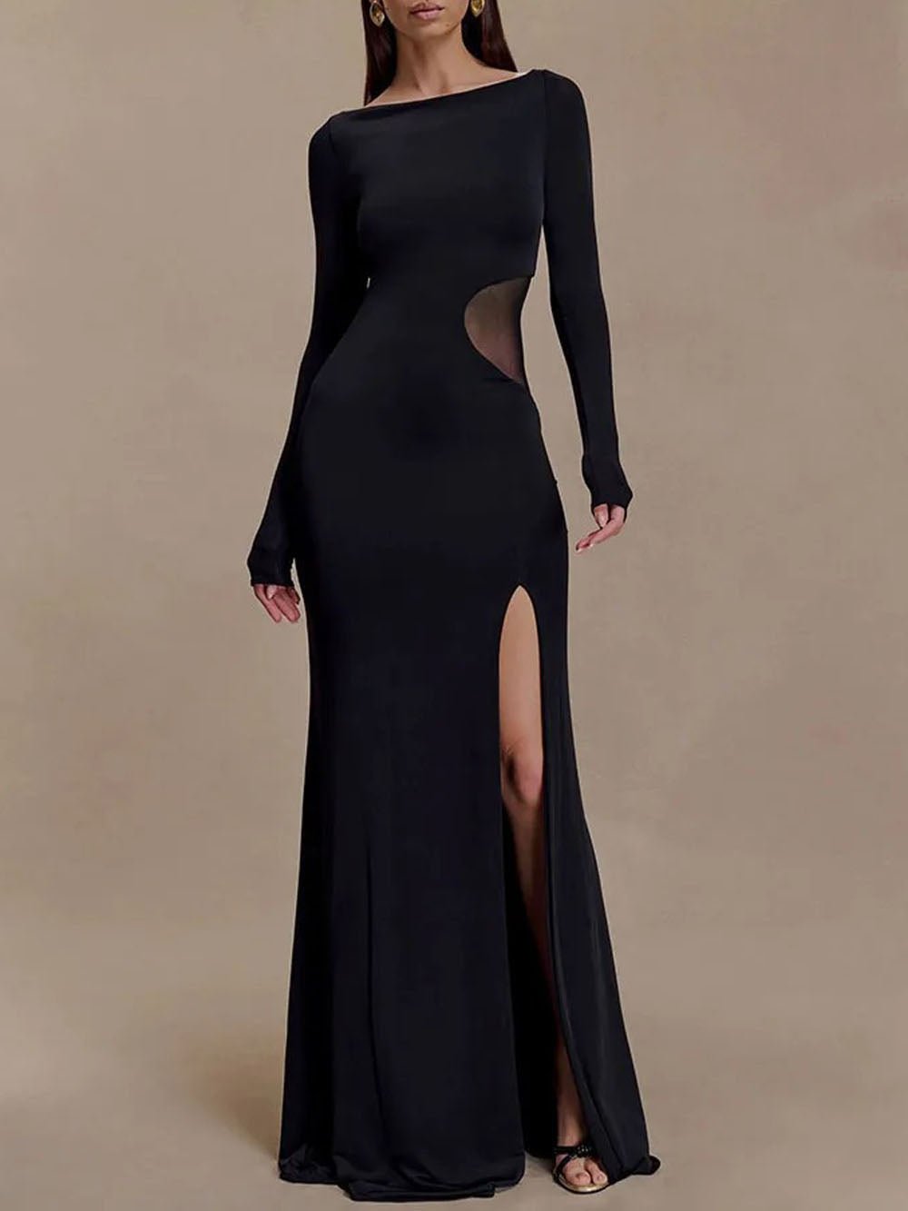 Black Mesh Cut Out Boat Neck Long Sleeve High Split Bodycon Maxi Dress