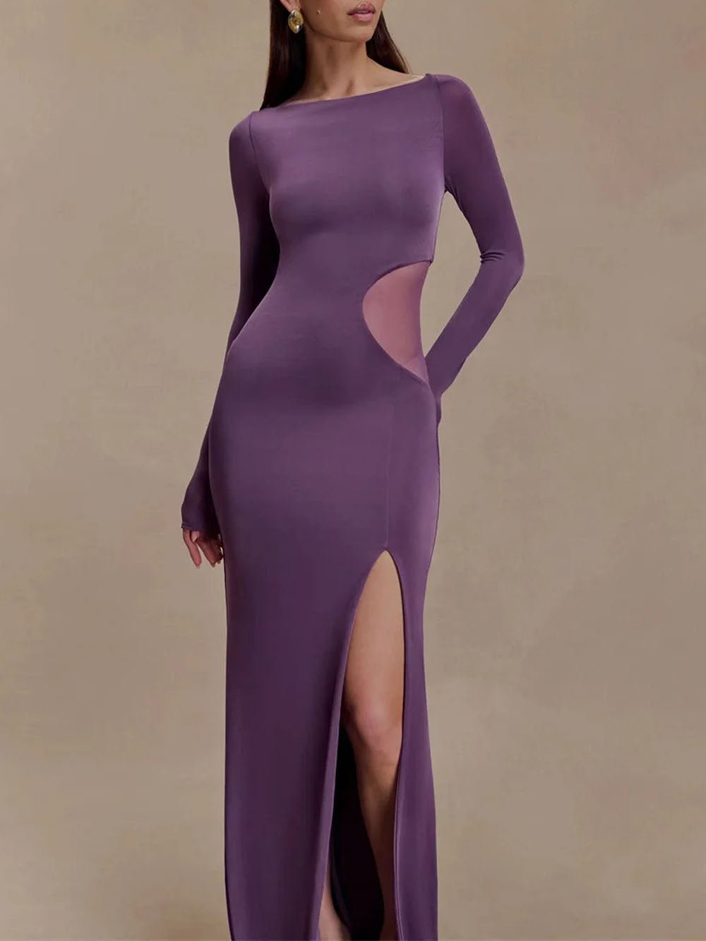 Purple Mesh Cut Out Boat Neck Long Sleeve High Split Bodycon Maxi Dress