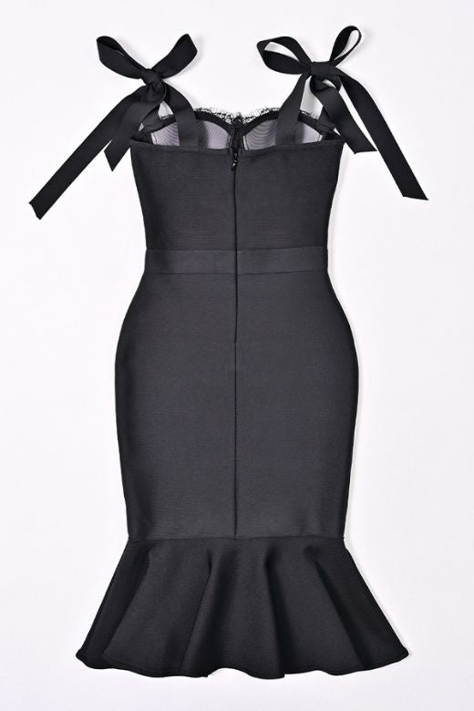 Classic Black Sweetheart Bustier Bow Strap Bandage Flounce Hem Midi Dress