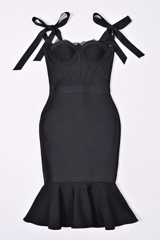 Classic Black Sweetheart Bustier Bow Strap Bandage Flounce Hem Midi Dress