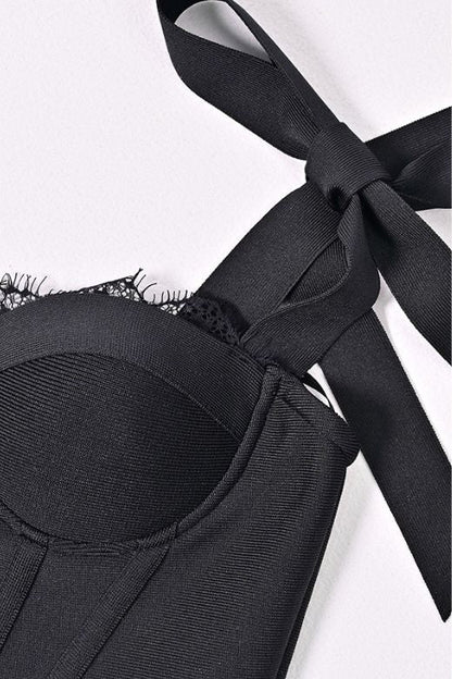 Classic Black Sweetheart Bustier Bow Strap Bandage Flounce Hem Midi Dress