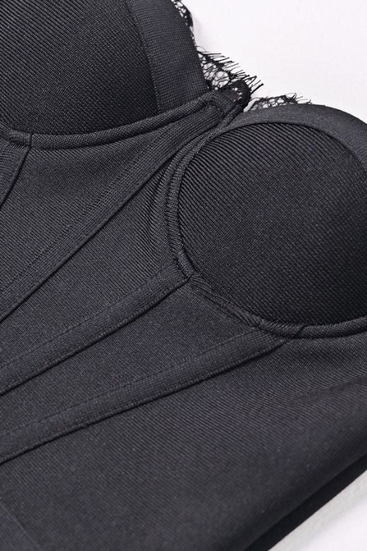Classic Black Sweetheart Bustier Bow Strap Bandage Flounce Hem Midi Dress