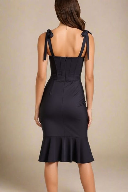 Classic Black Sweetheart Bustier Bow Strap Bandage Flounce Hem Midi Dress
